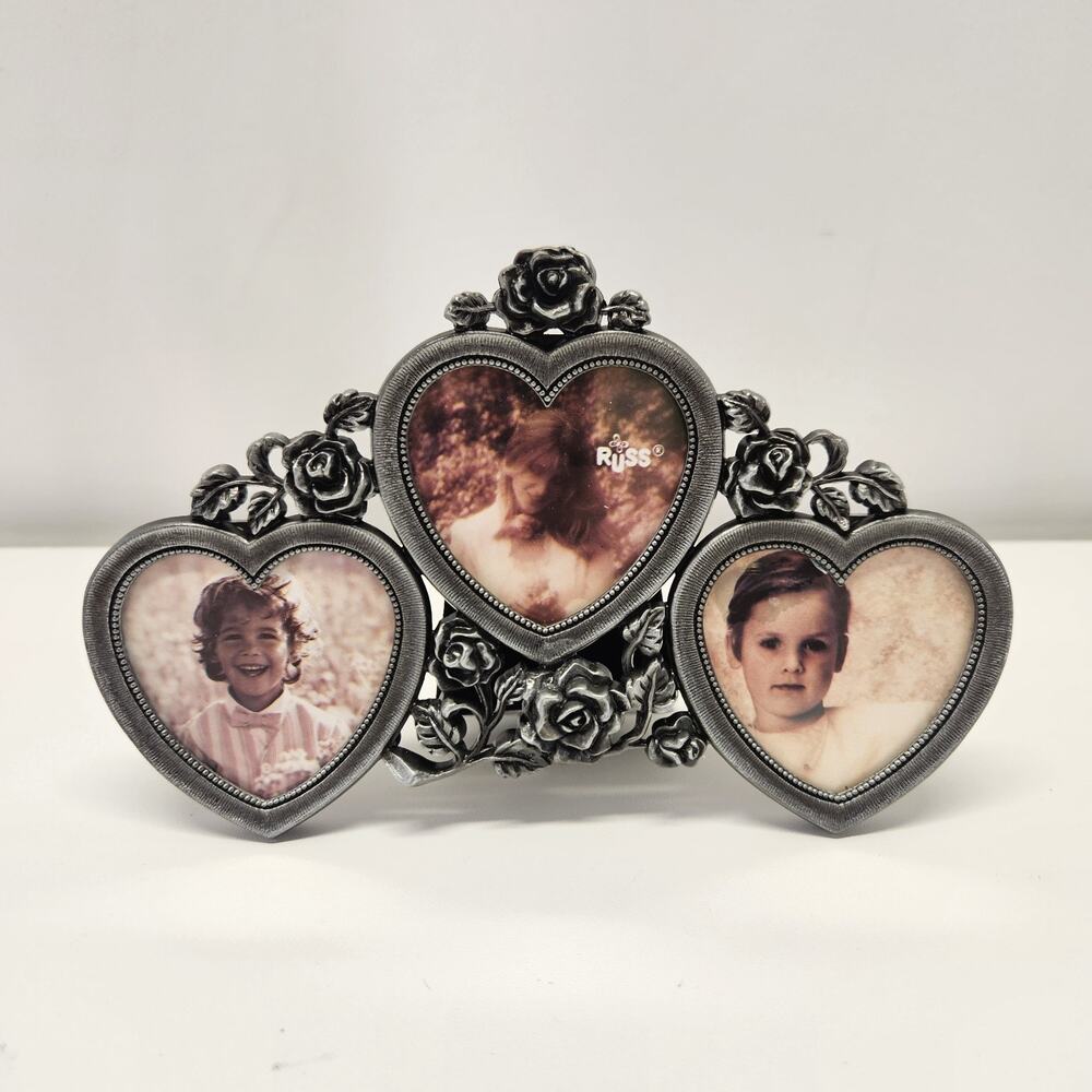 Vintage Russ Metal Victorian Style Picture Frame Hearts Flowers 3 Small Photos